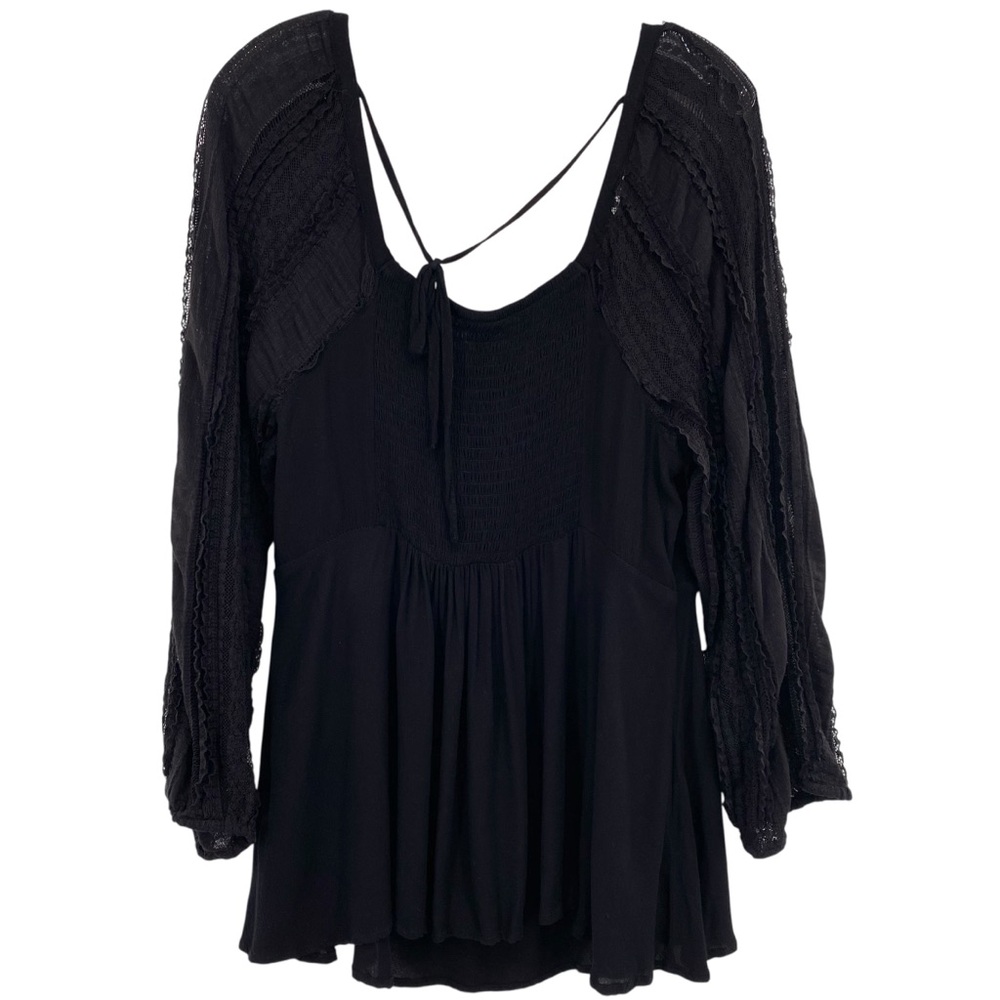 Torrid Black Tie Front Peplum Blouse Gauze Lace Sleeve - Picture 2 of 11
